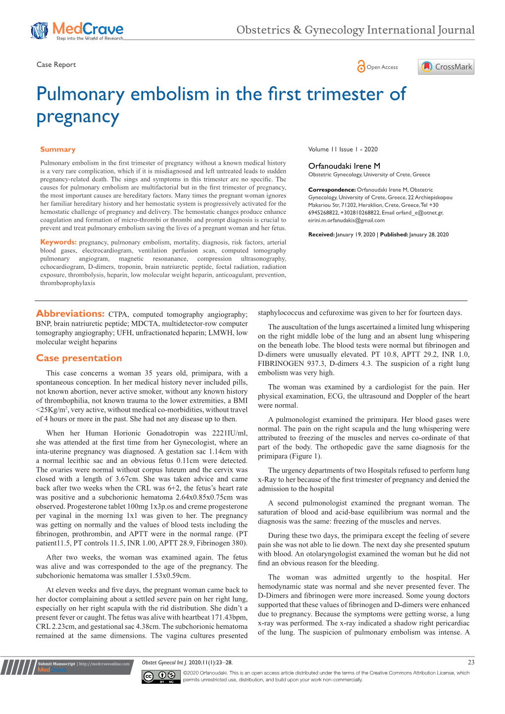 Pulmonary Embolism in the First Trimester of Pregnancy