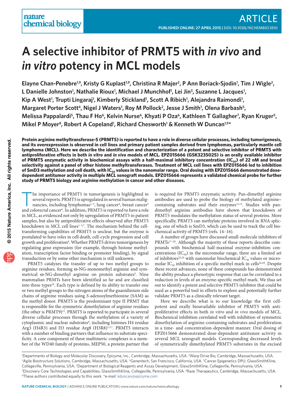 A Selective Inhibitor of PRMT5 with in Vivo and in Vitro Potency in MCL Models