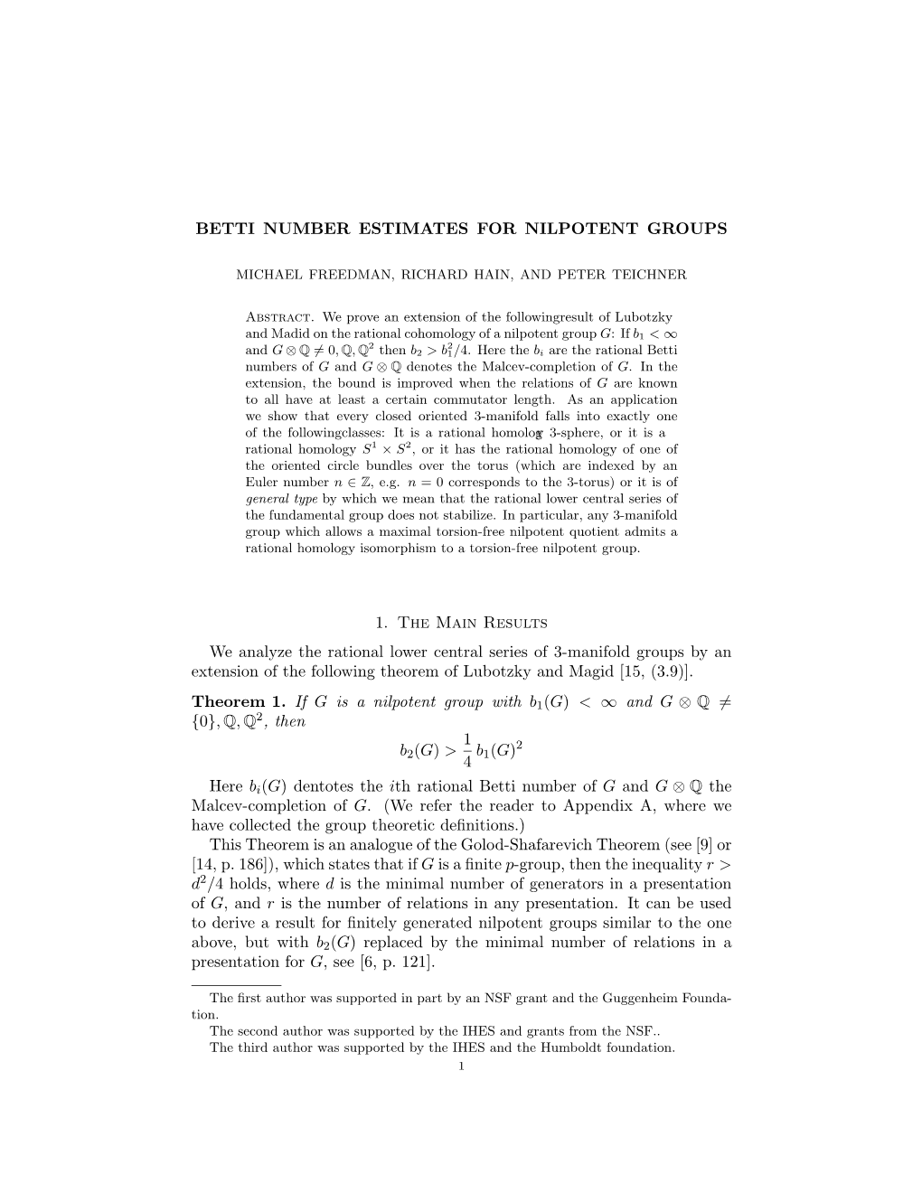 BETTI NUMBER ESTIMATES for NILPOTENT GROUPS 1. the Main