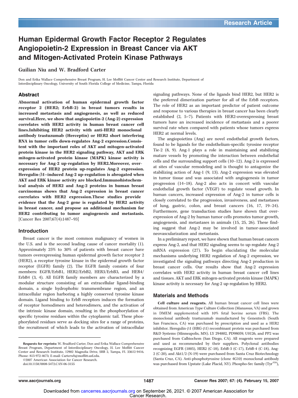 Human Epidermal Growth Factor Receptor 2 Regulates Angiopoietin-2 Expression in Breast Cancer Via AKT and Mitogen-Activated Protein Kinase Pathways Guilian Niu and W