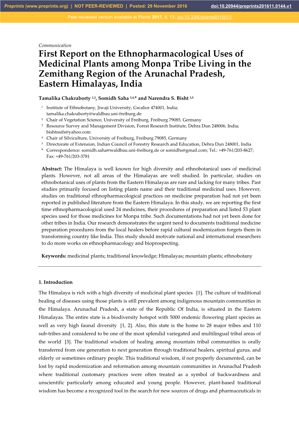 First Report on the Ethnopharmacological Uses of Medicinal Plants Among Monpa Tribe Living in the Zemithang Region of the Arunachal Pradesh, Eastern Himalayas, India