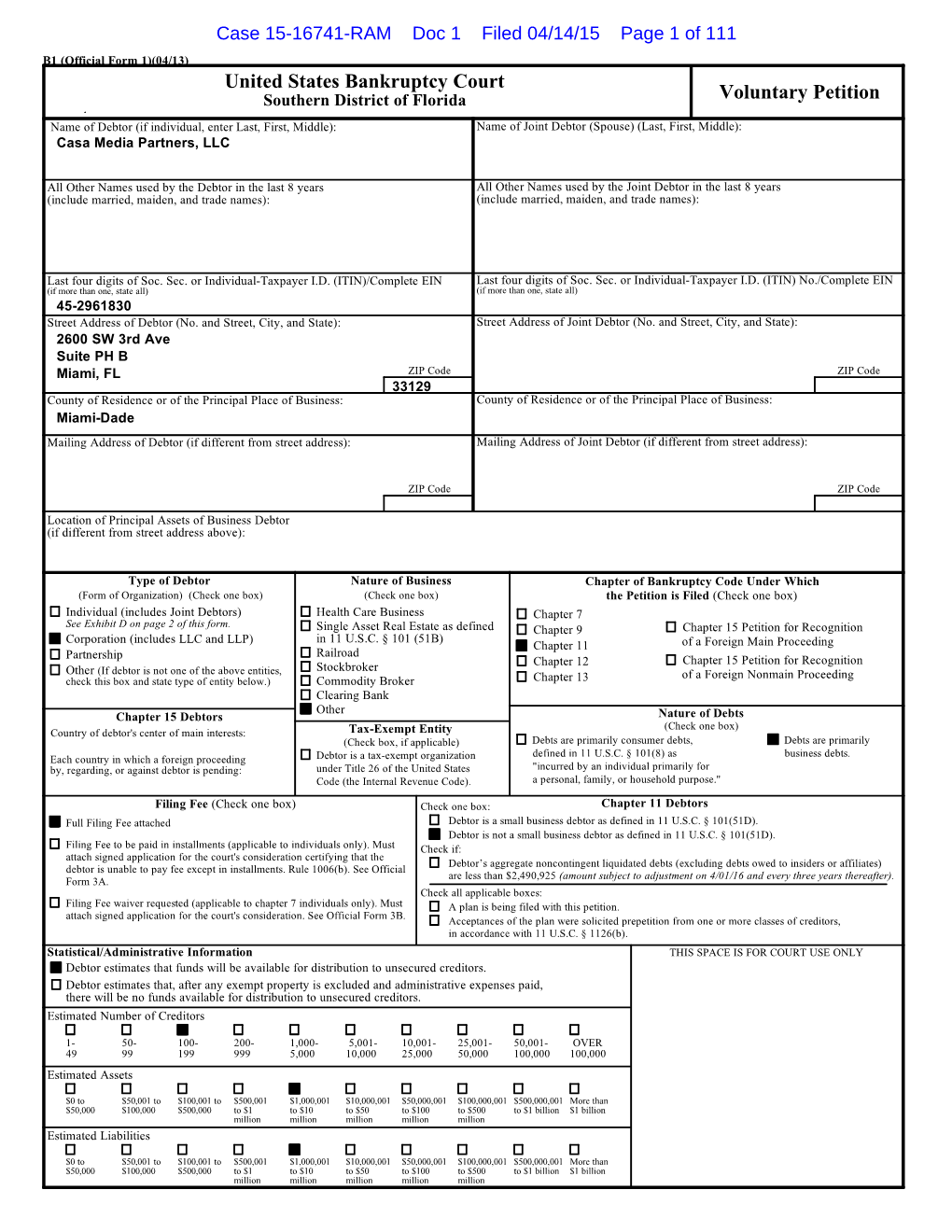 United States Bankruptcy Court Voluntary Petition