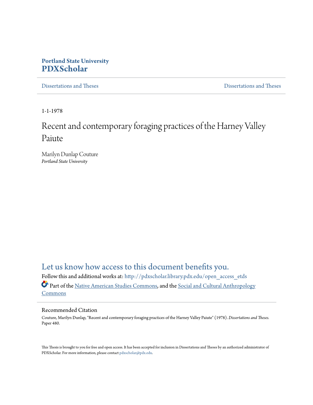 Recent and Contemporary Foraging Practices of the Harney Valley Paiute