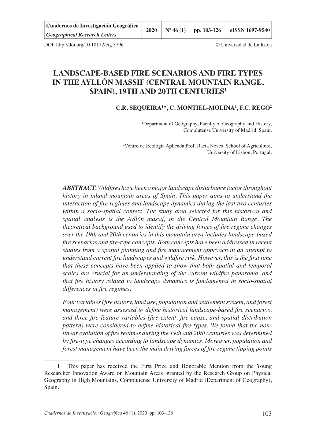 Landscape-Based Fire Scenarios and Fire Types in the Ayllón Massif (Central Mountain Range, Spain), 19Th and 20Th Centuries1