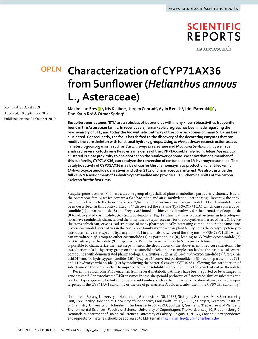 Characterization of CYP71AX36 from Sunflower (Helianthus Annuus L., Asteraceae)