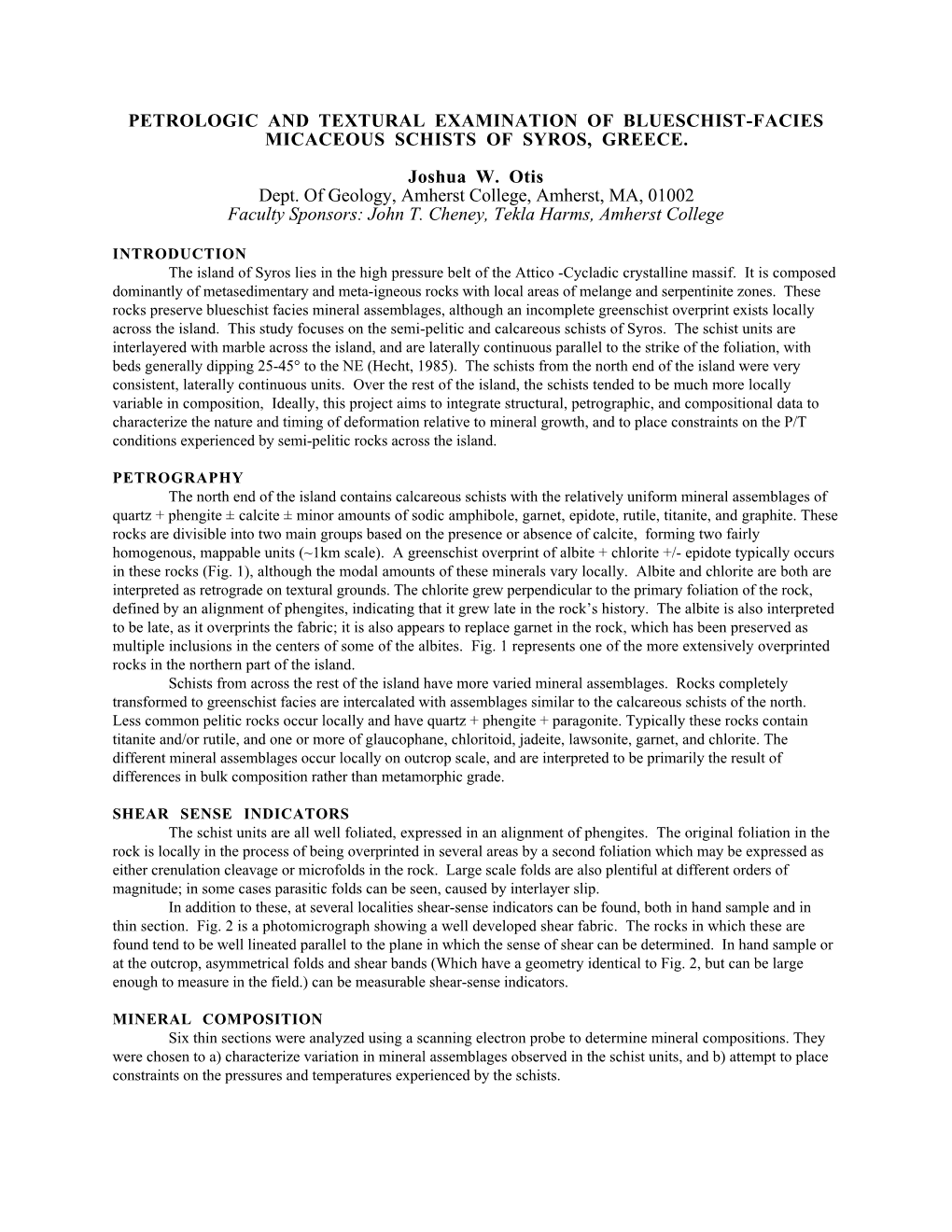 Petrologic and Textural Examination of Blueschist-Facies Micaceous Schists of Syros, Greece