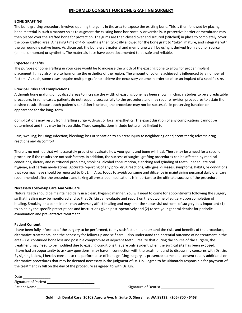 Informed Consent for Bone Grafting Surgery