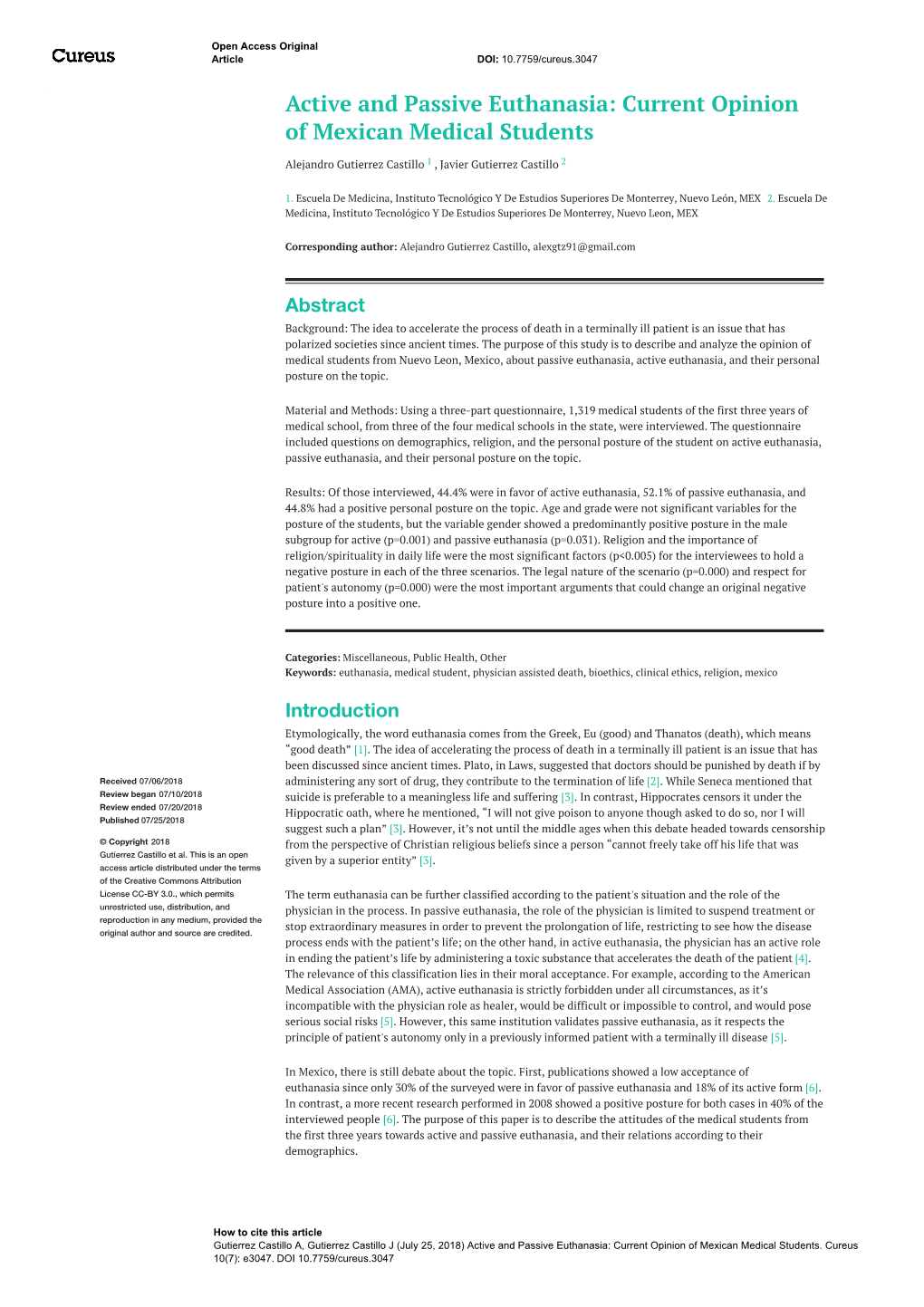 Active and Passive Euthanasia: Current Opinion of Mexican Medical Students