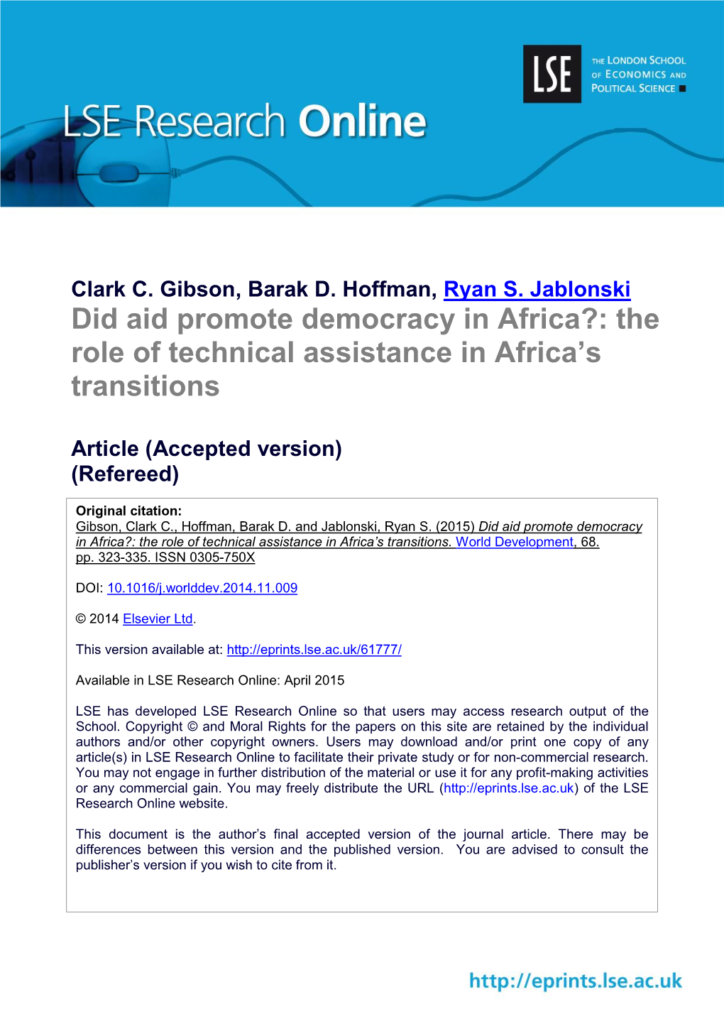 Did Aid Promote Democracy in Africa?: the Role of Technical Assistance in Africa’S Transitions