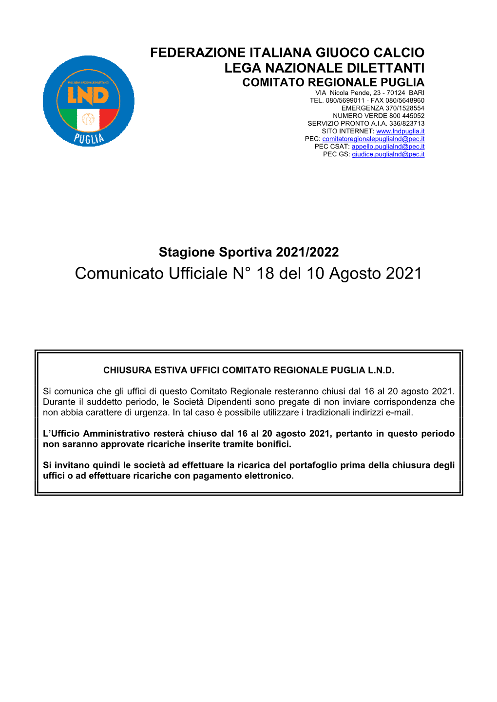 Comunicato Ufficiale N° 18 Del 10 Agosto 2021