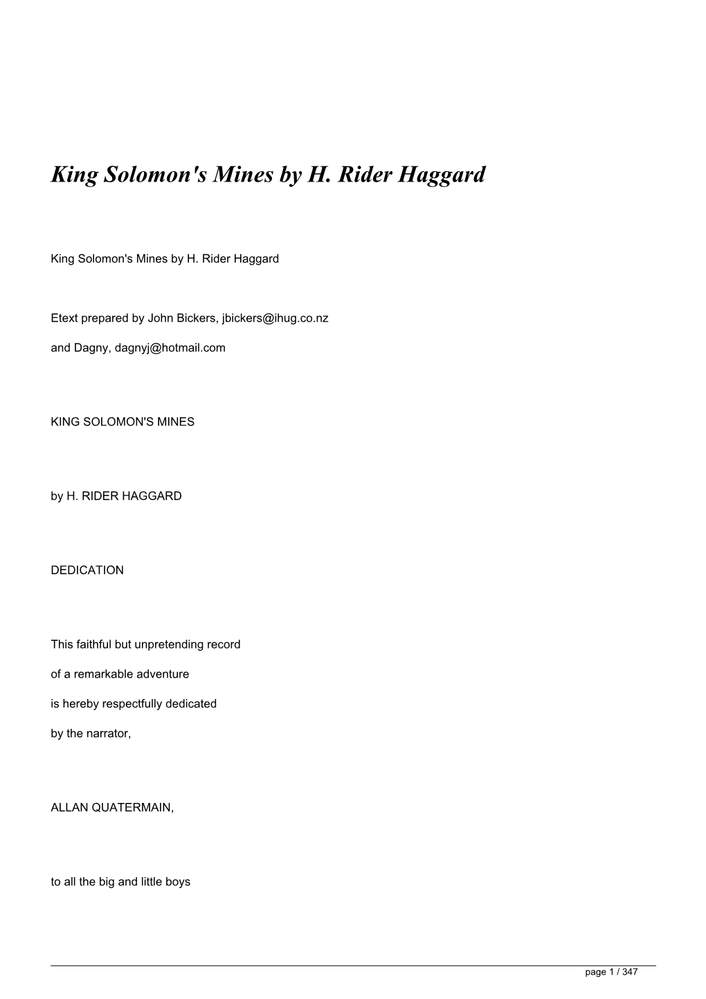 King Solomon's Mines by H. Rider Haggard</H1>