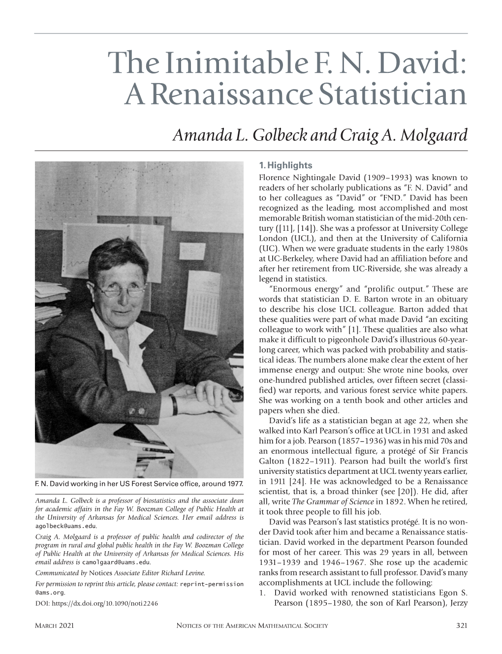The Inimitable F. N. David: a Renaissance Statistician Amanda L