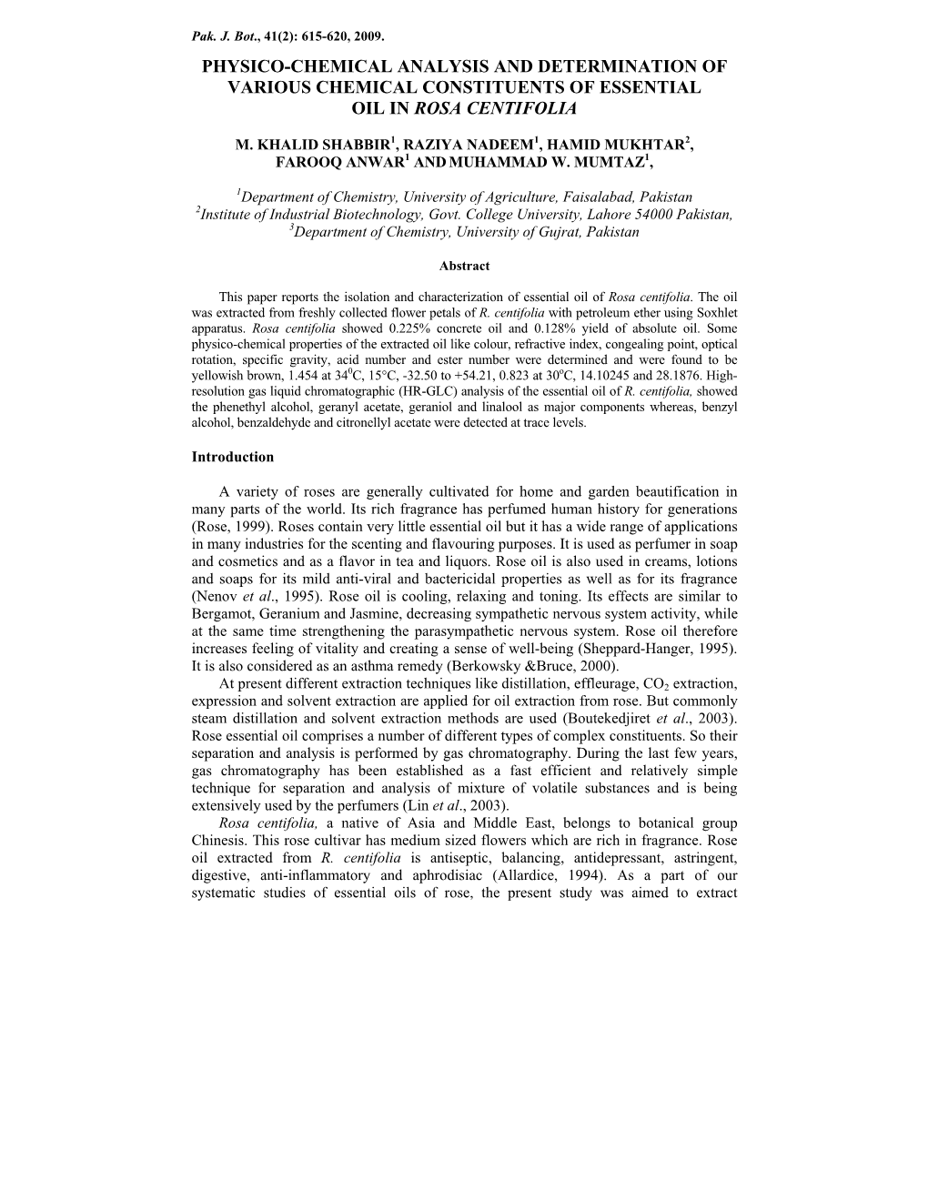 Physico-Chemical Analysis and Determination of Various Chemical Constituents of Essential Oil in Rosa Centifolia