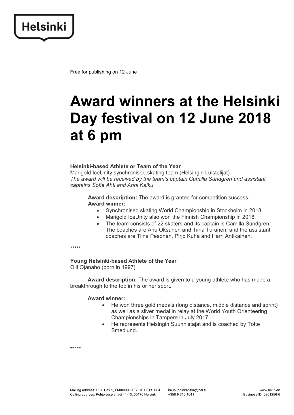 Award Winners at the Helsinki Day Festival on 12 June 2018 at 6 Pm