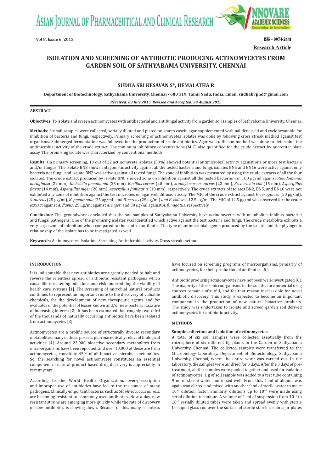 Isolation and Screening of Antibiotic Producing Actinomycetes from Garden Soil of Sathyabama University, Chennai