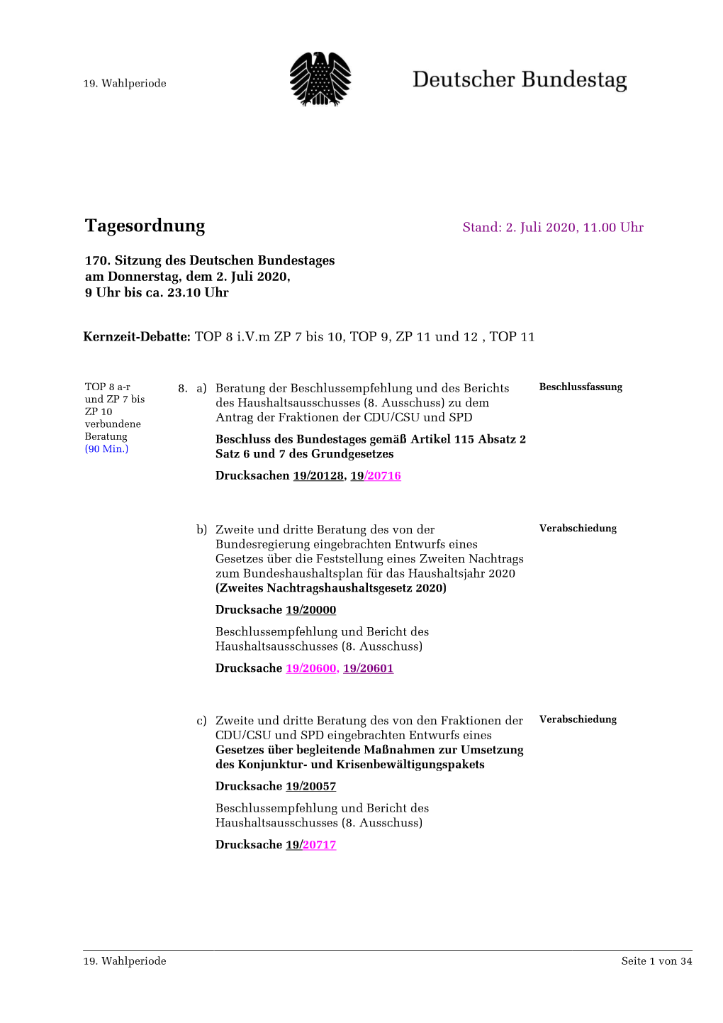 Amtliche Tagesordnung Der 170. Sitzung Des 19. Deutschen