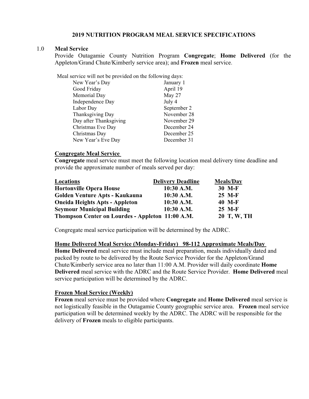 2019 Nutrition Program Meal Service Specifications 1.0