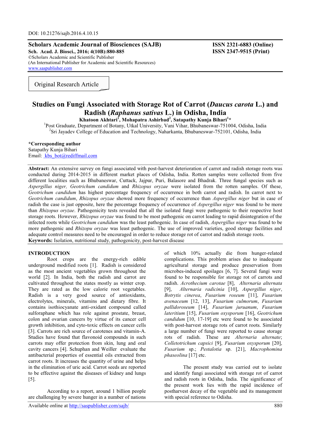 Studies on Fungi Associated with Storage Rot of Carrot