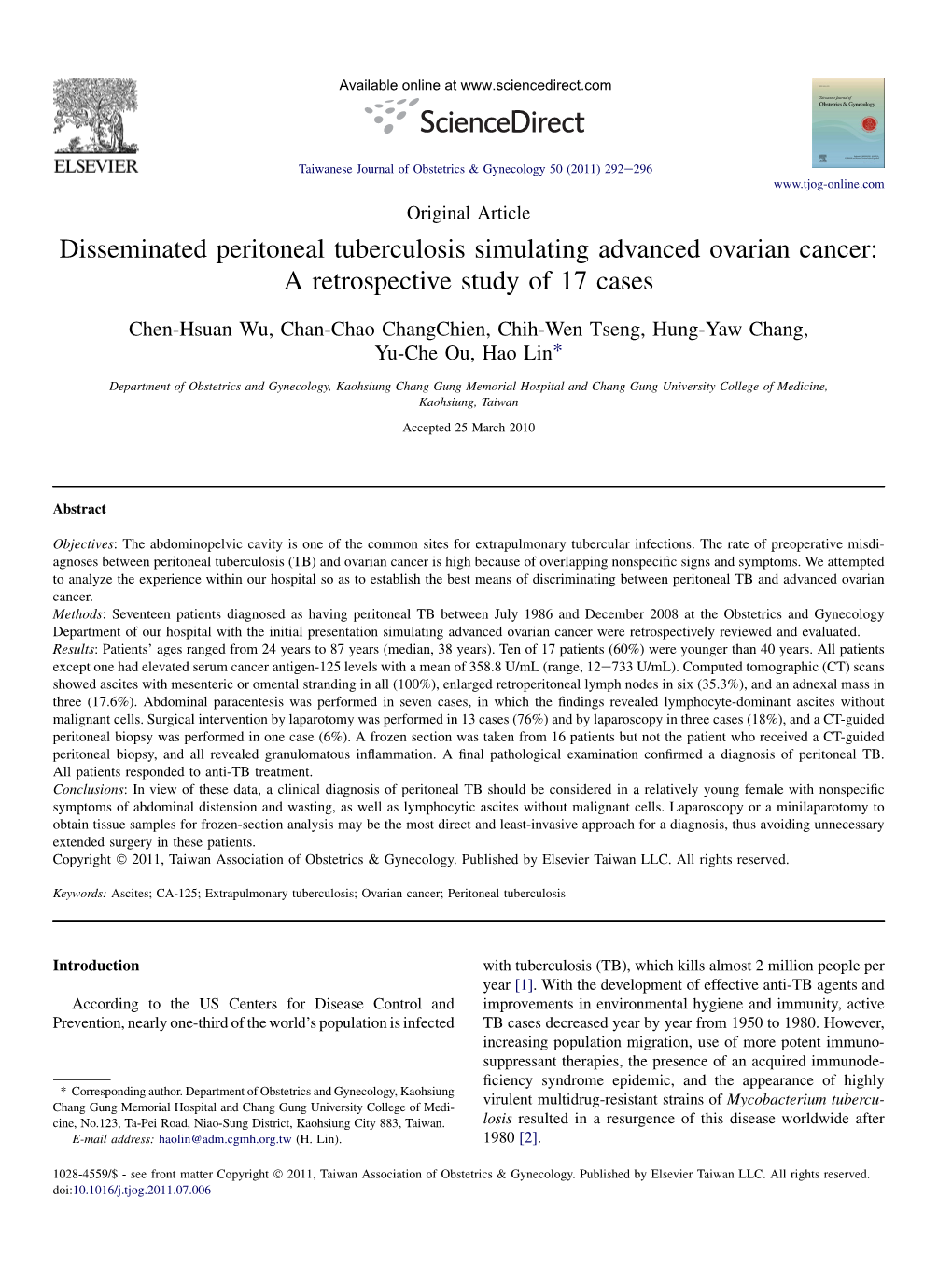 Disseminated Peritoneal Tuberculosis Simulating Advanced Ovarian Cancer: a Retrospective Study of 17 Cases