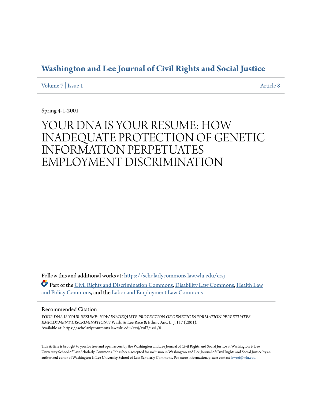 Your Dna Is Your Resume: How Inadequate Protection of Genetic Information Perpetuates Employment Discrimination