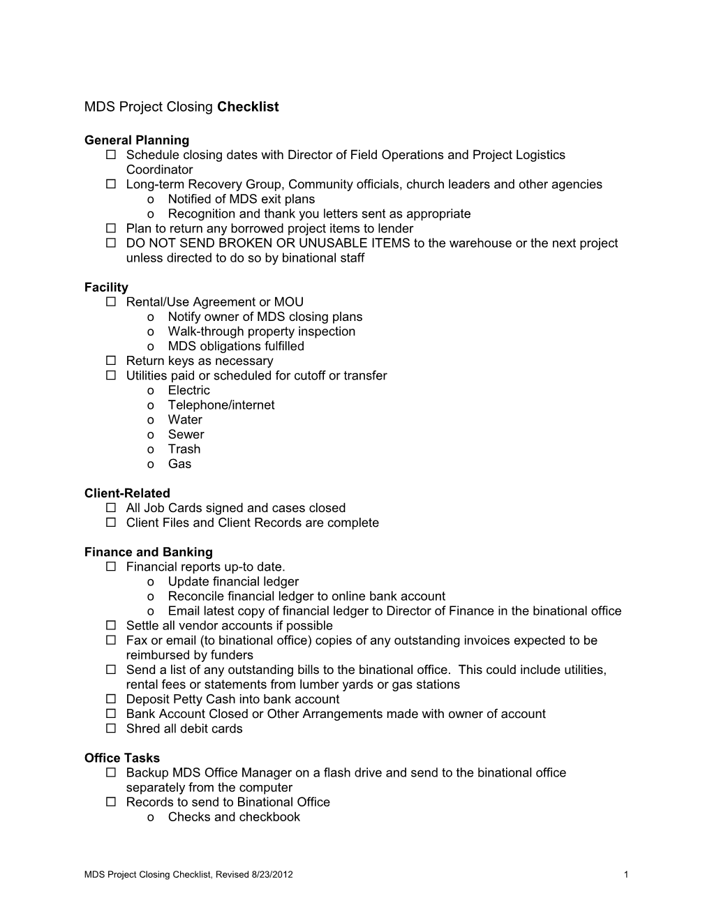 MDS Project Closing Checklist