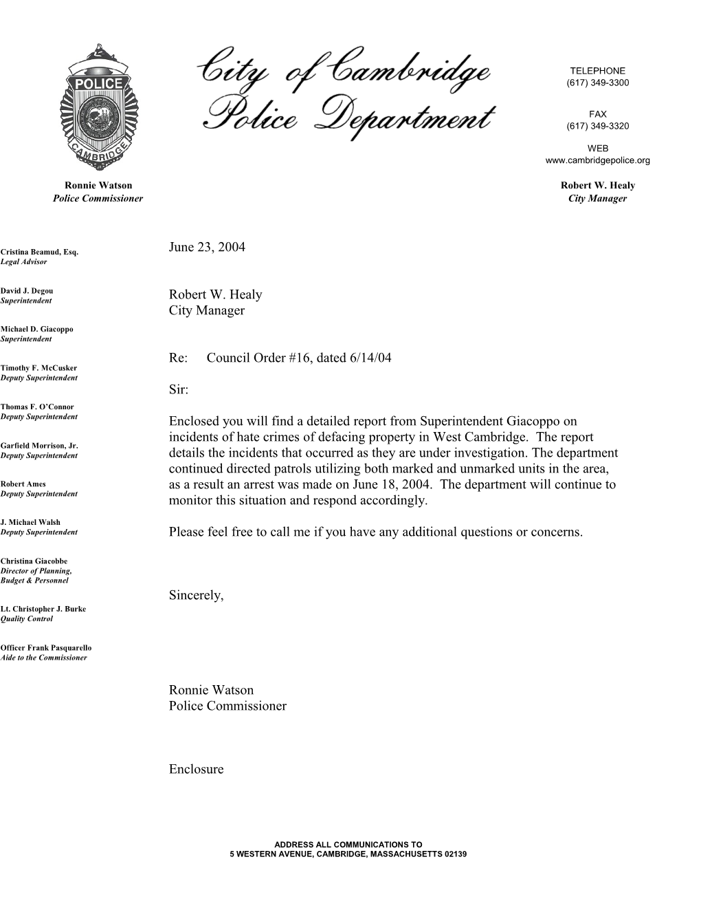 Police Commissioner Letterhead