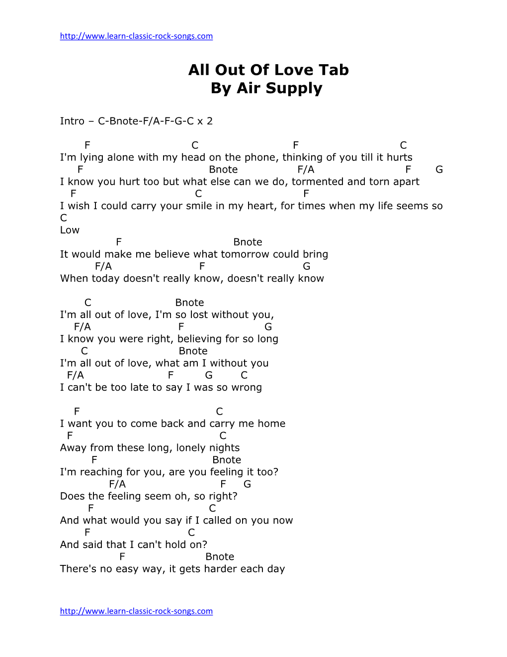 All out of Love Tab by Air Supply