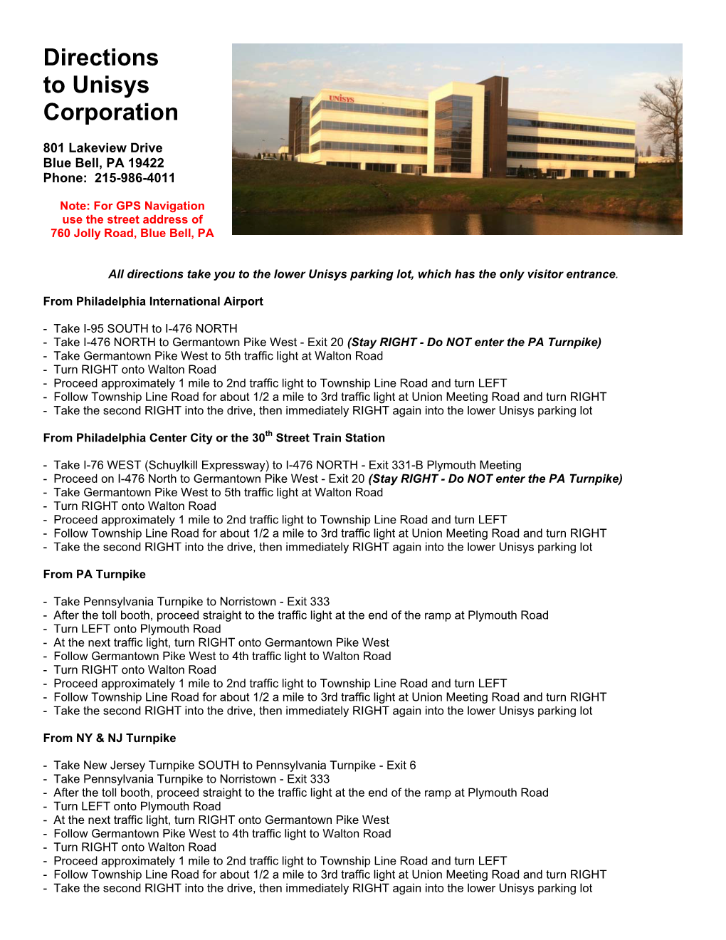 Directions to Unisys Corporation