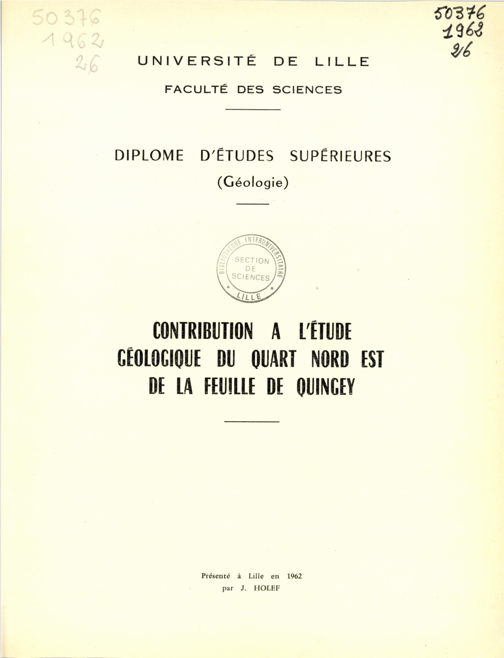 Contribution a L'étude Geologique Du Quart Nord Est De La Feuille De Quingey