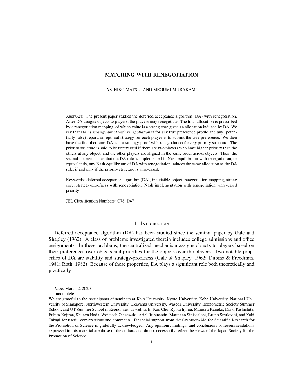 MATCHING with RENEGOTIATION 1. Introduction Deferred Acceptance