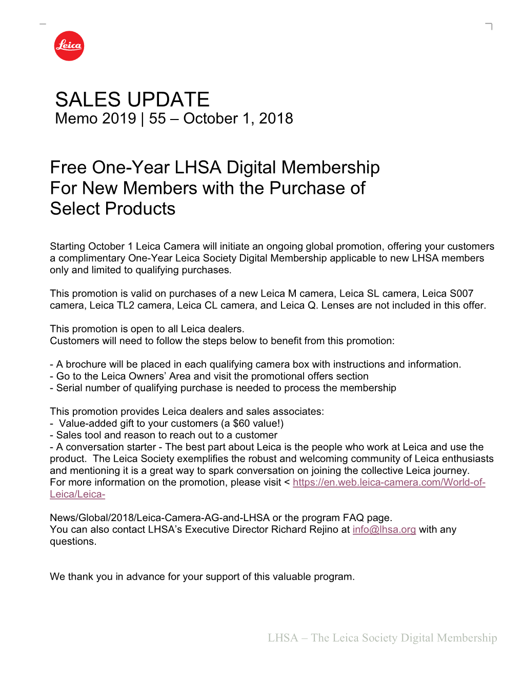 SALES UPDATE Memo 2019 | 55 – October 1, 2018