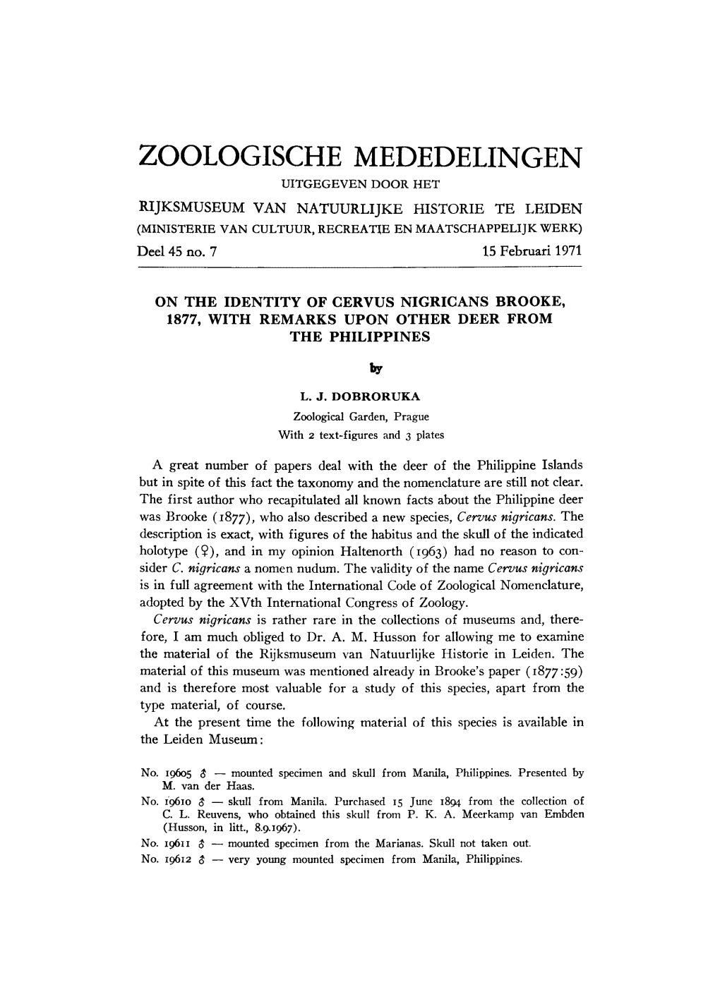 Zoologische Mededelingen Uitgegeven Door Het