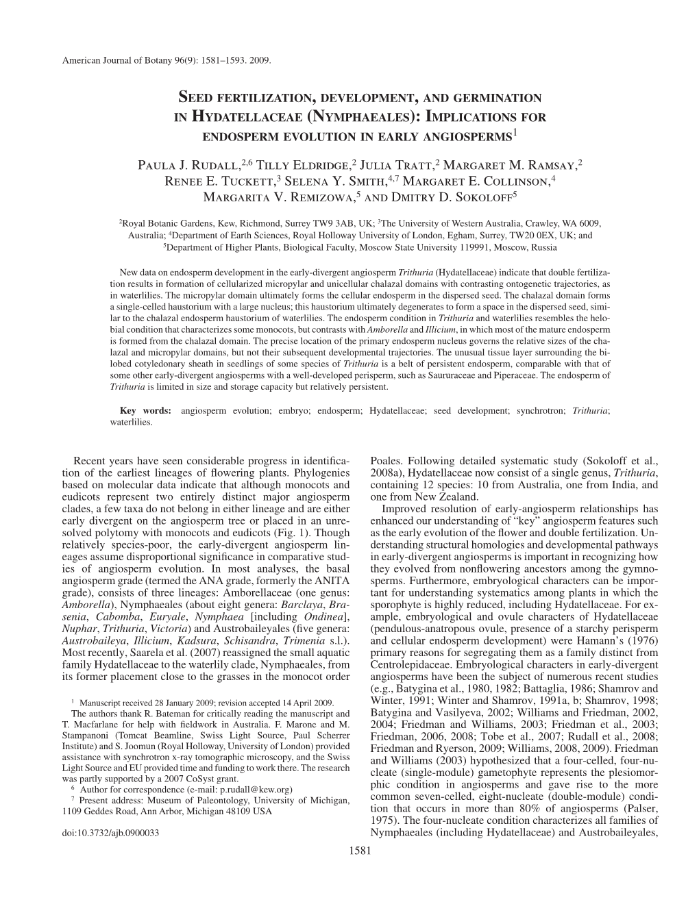 Seed Fertilization, Development, and Germination in Hydatellaceae (Nymphaeales): Implications for Endosperm Evolution in Early A