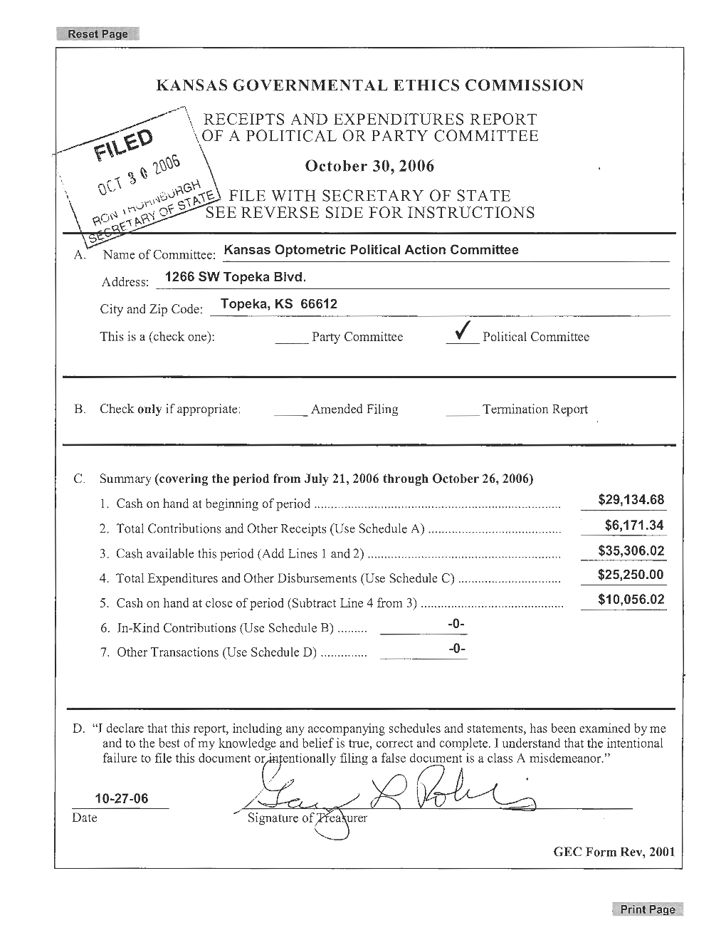 Kansas Governmental Ethics Commission Ceipts And