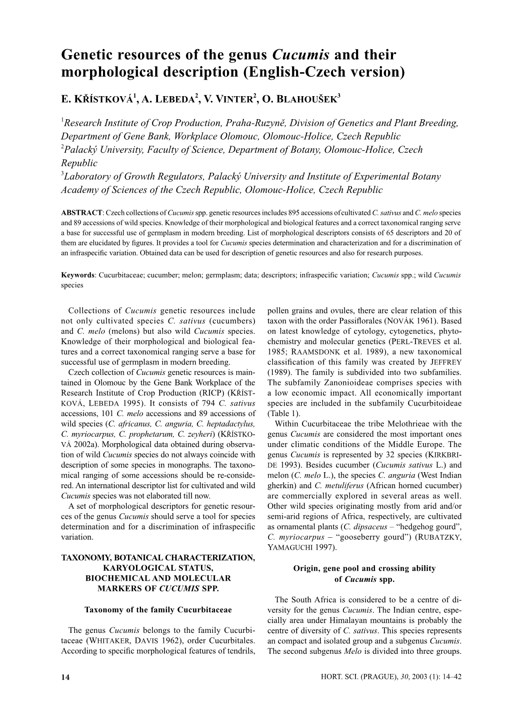 Genetic Resources of the Genus Cucumis and Their Morphological Description (English-Czech Version)