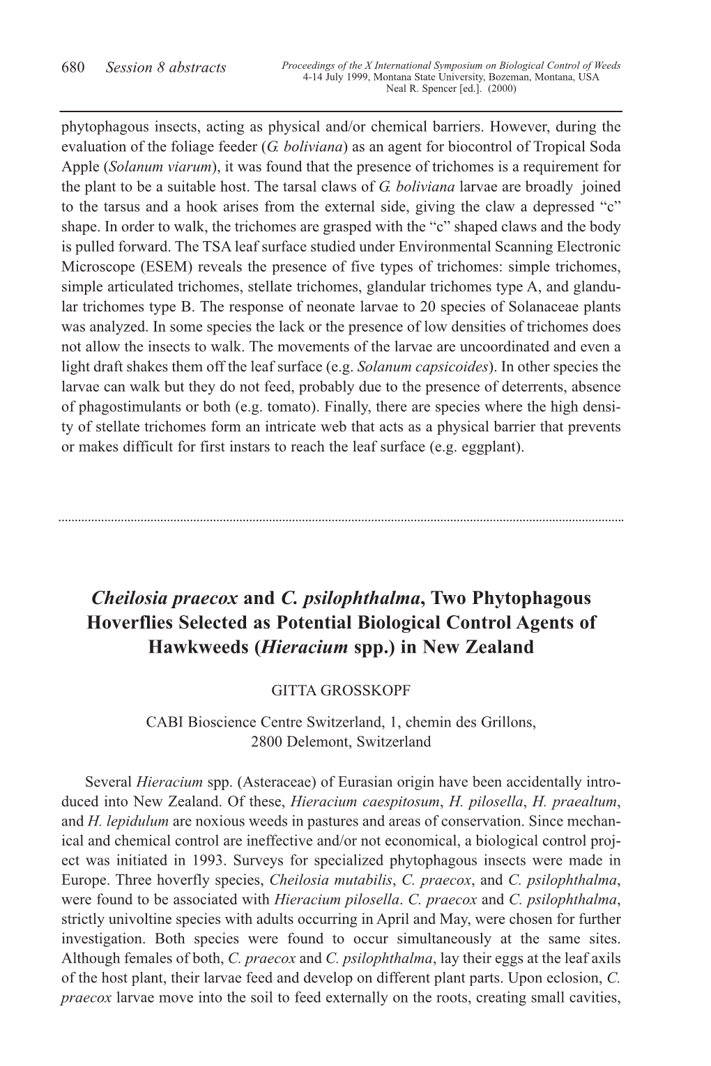 Cheilosia Praecox and C. Psilophthalma, Two Phytophagous Hoverflies Selected As Potential Biological Control Agents of Hawkweeds (Hieracium Spp.) in New Zealand