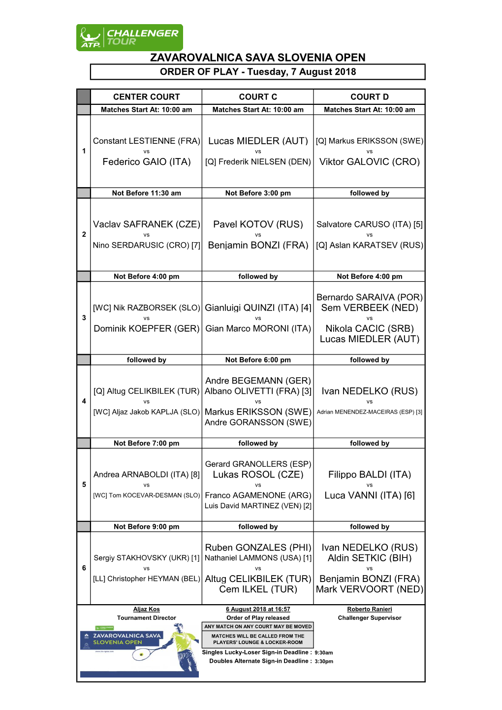 ZAVAROVALNICA SAVA SLOVENIA OPEN ORDER of PLAY - Tuesday, 7 August 2018