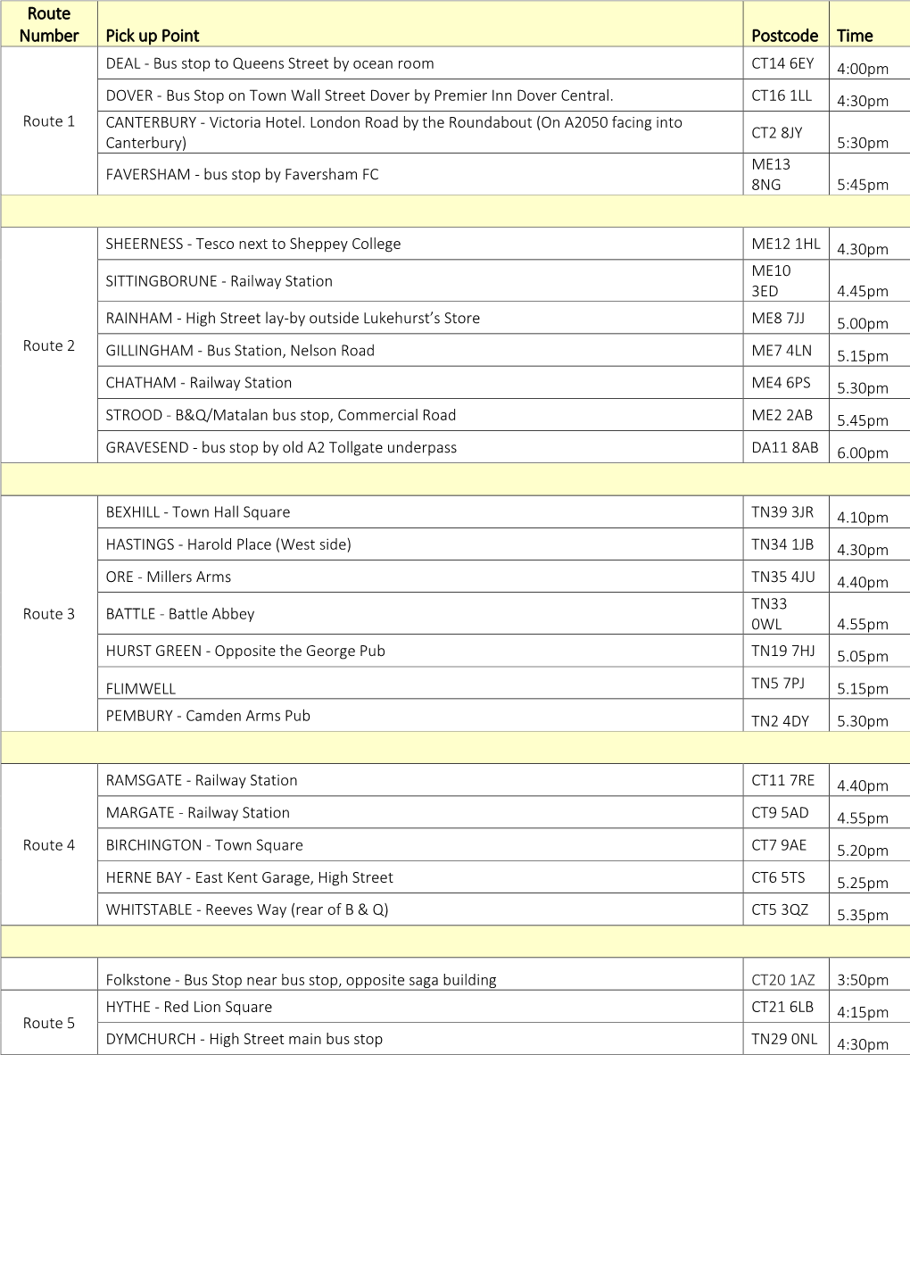 Route Number Pick up Point Postcode Time