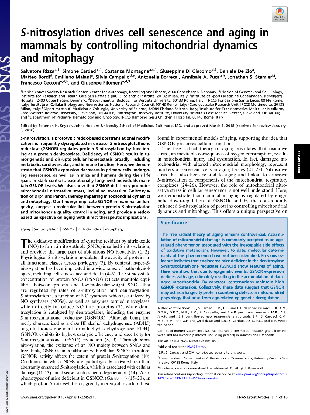 S-Nitrosylation Drives Cell Senescence and Aging in Mammals By