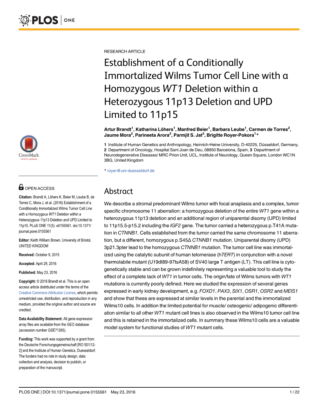 Establishment of a Conditionally Immortalized Wilms Tumor Cell Line with a Homozygous WT1 Deletion Within a Heterozygous 11P13 Deletion and UPD Limited to 11P15