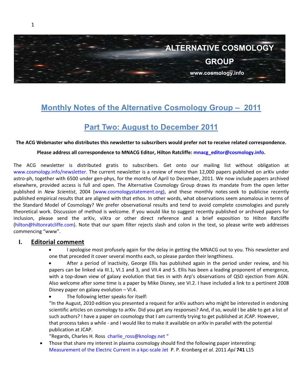 August to December 2011 ALTERNATIVE COSMOLOGY GROUP