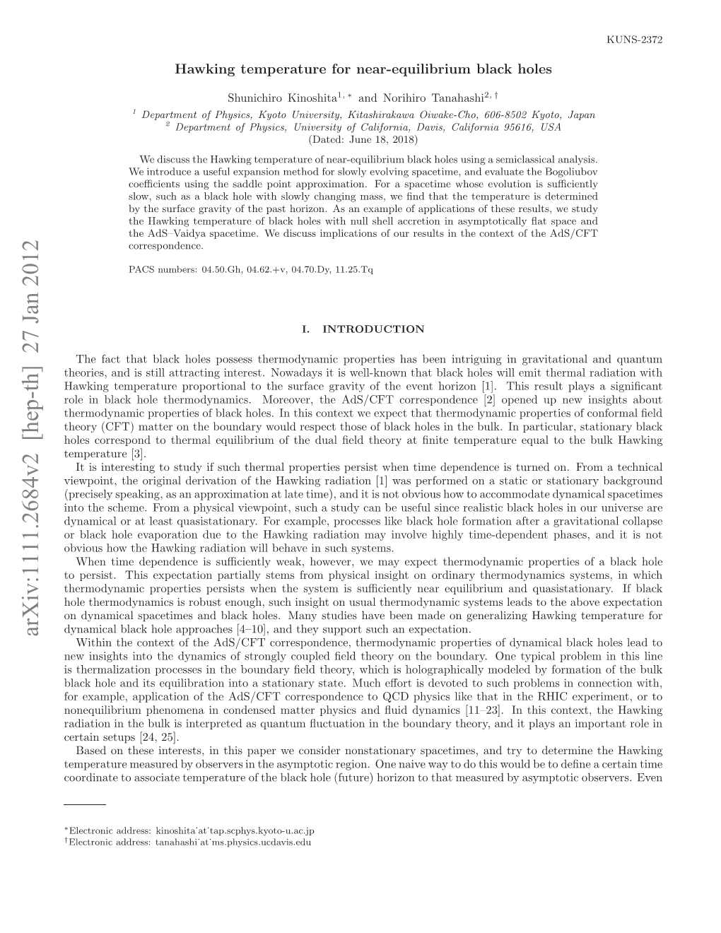 Hawking Temperature for Near-Equilibrium Black Holes