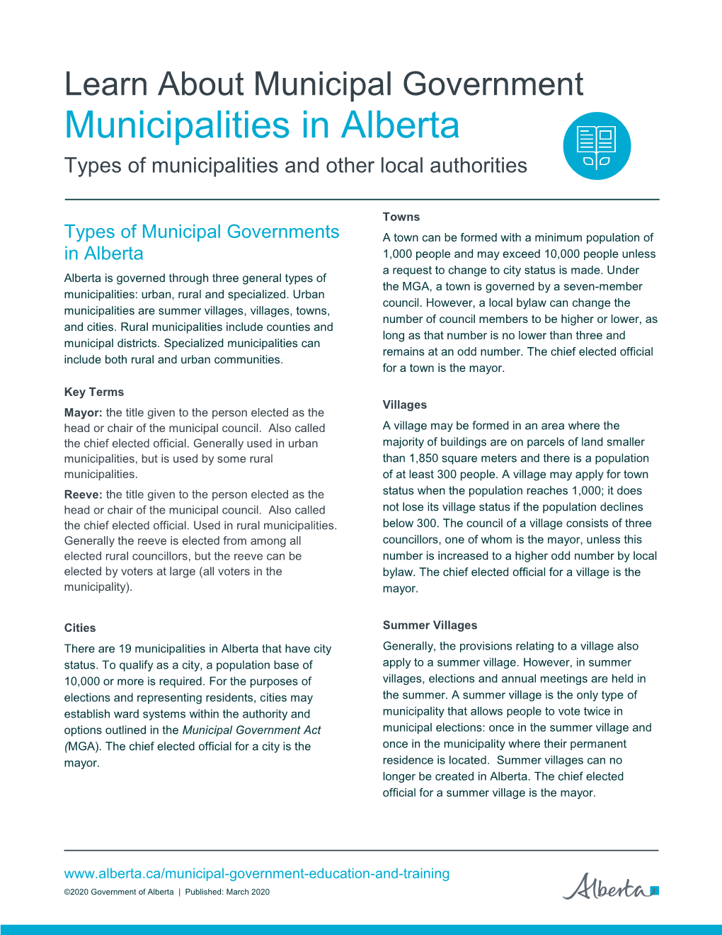 Municipalities in Alberta Types of Municipalities and Other Local Authorities