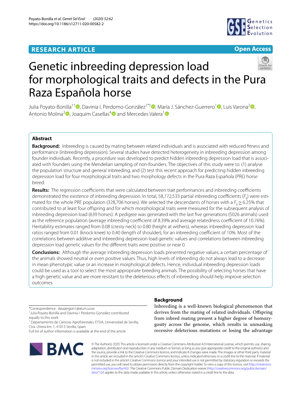 Genetic Inbreeding Depression Load for Morphological Traits and Defects in the Pura Raza Española Horse Julia Poyato‑Bonilla1† , Davinia I