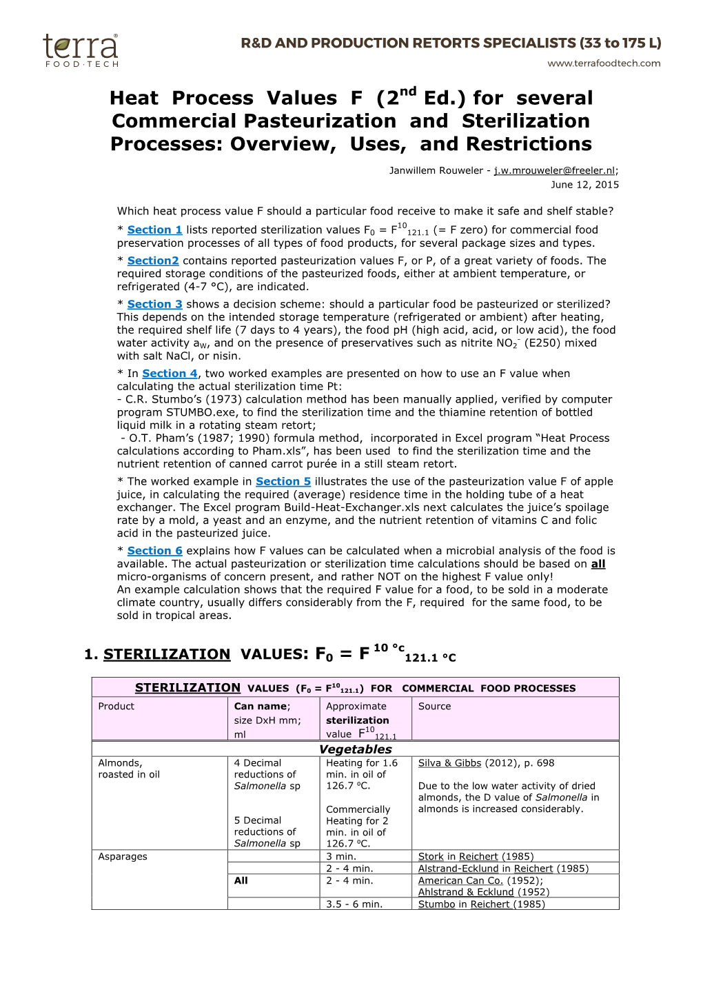 For Several Commercial Pasteurization and Sterilization Processes: Overview, Uses, and Restrictions