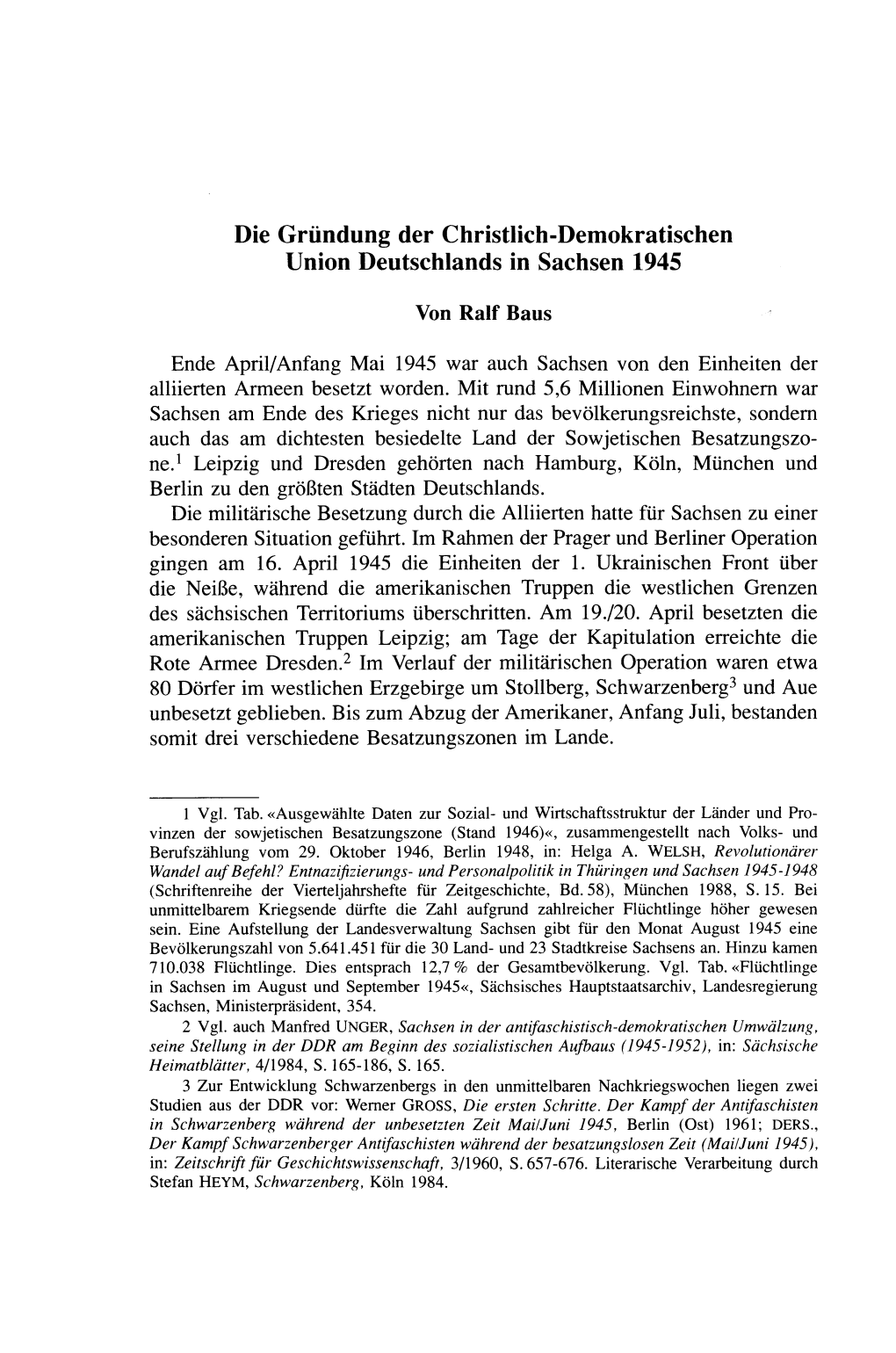 Die Gründung Der Christlich-Demokratischen Union Deutschlands in Sachsen 1945