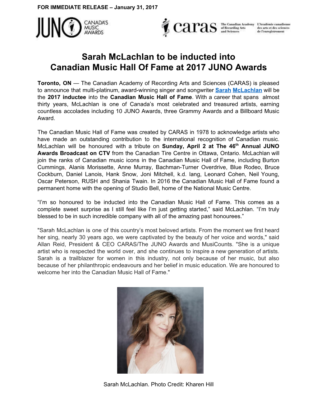 Sarah Mclachlan to Be Inducted Into Canadian Music Hall of Fame at 2017 JUNO Awards