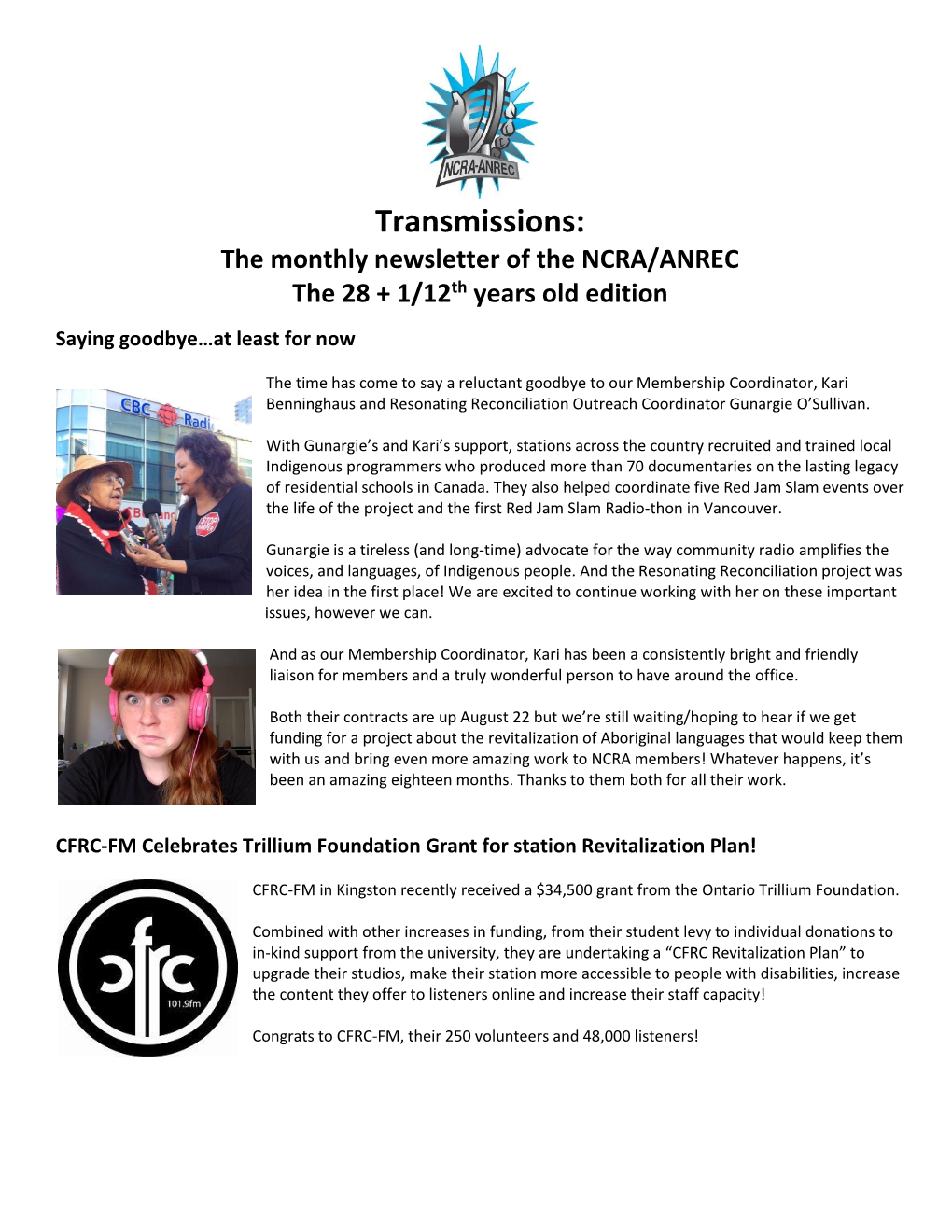 Transmissions: the Monthly Newsletter of the NCRA/ANREC the 28 + 1/12Th Years Old Edition