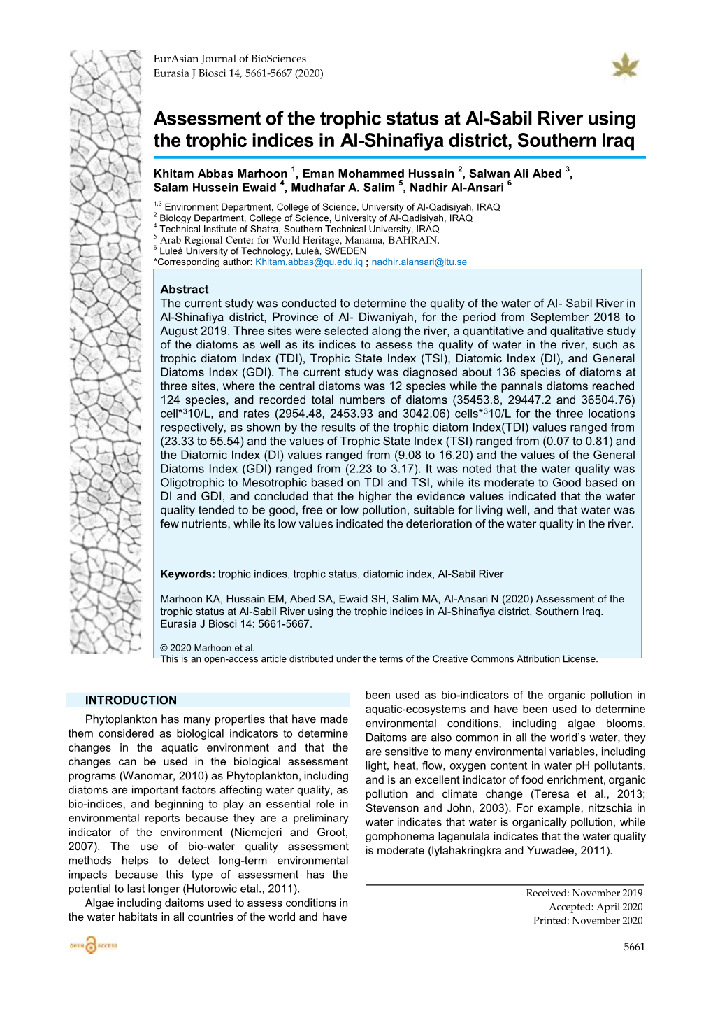 Assessment of the Trophic Status at Al-Sabil River Using the Trophic Indices in Al-Shinafiya District, Southern Iraq