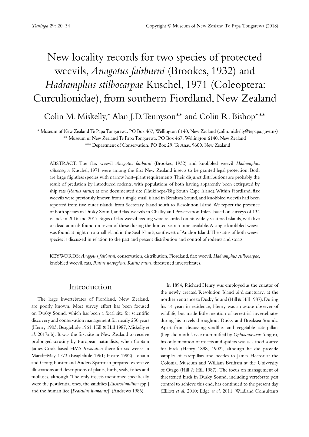 New Locality Records for Two Species of Protected Weevils, Anagotus Fairburni